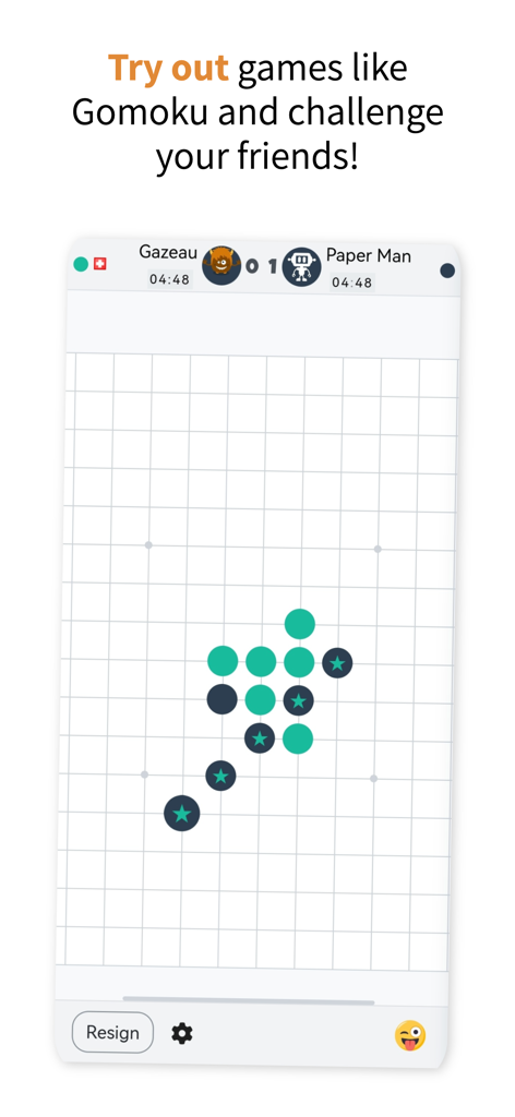 A multiplayer Gomoku game in progress on the papergames.io mobile app