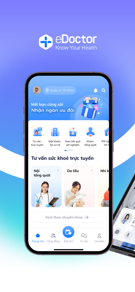 eDoctor - Know Your Health - User interface of the eDoctor app showing medical service options and online health consultation categories.
