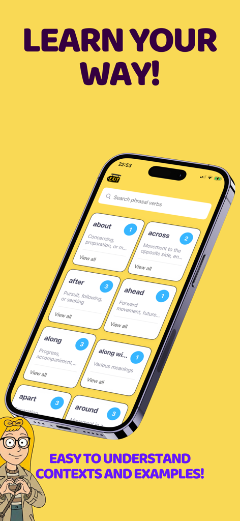 Interface of Phrasal Verbs GO app displaying a searchable list of English phrasal verbs with clear definitions and examples on a yellow screen.