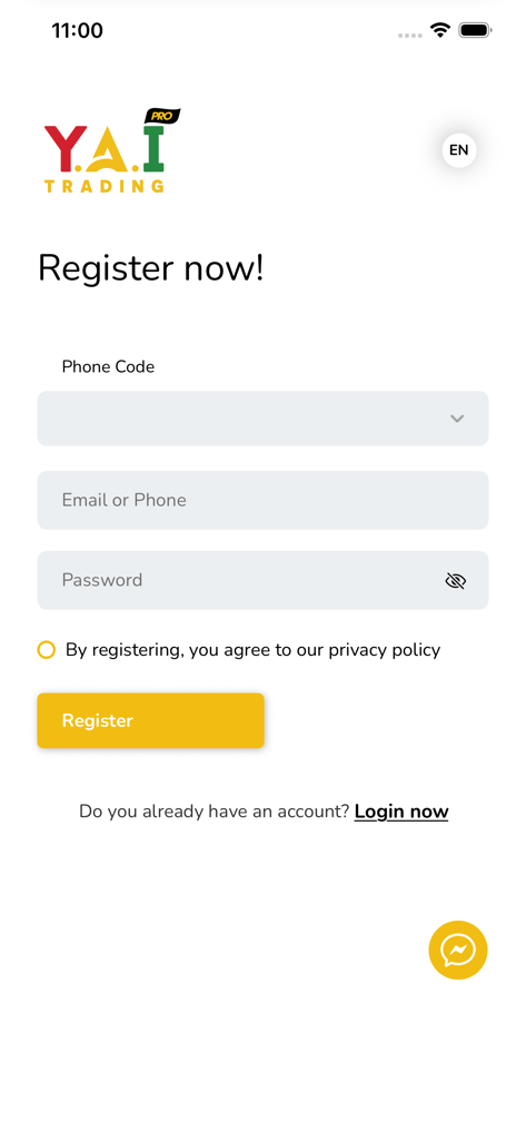 Pantalla de registro de la aplicación YAI TRADING PRO que muestra los campos de entrada para número de teléfono, correo electrónico y contraseña