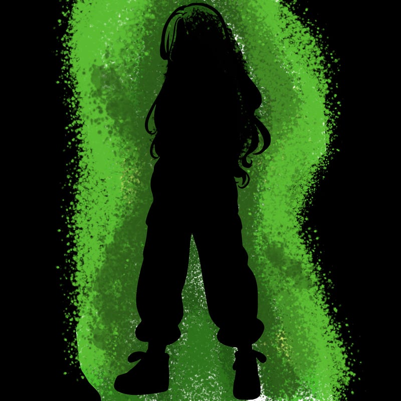 girl in baggy pants crop top and long hair