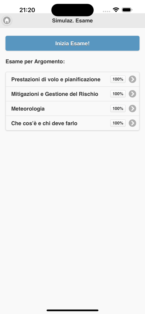 Quiz Droni A2 - Exam simulation screen of the Quiz Droni A2 app showing study progress across various drone certification topics like meteorology and risk management.