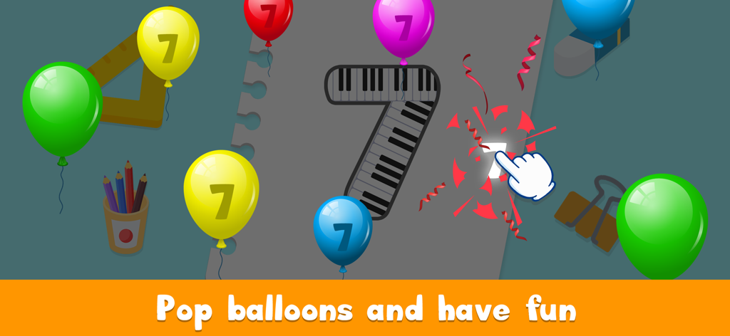 ABC Tracing & Phonics for Kids - A colorful educational game screen where a hand pops balloons to learn the number seven