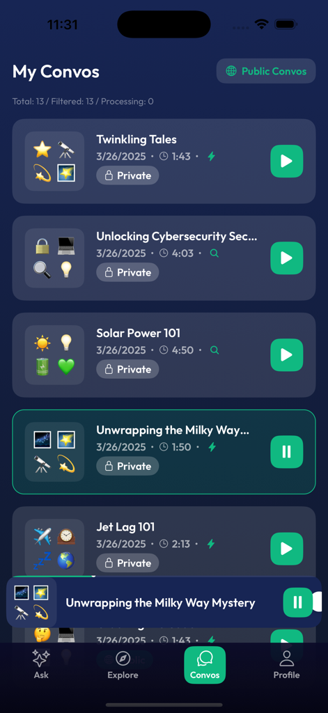 Convo AI - Learn Anything - A list of personalized AI generated podcasts in the Convo AI app library including topics like cybersecurity and astronomy