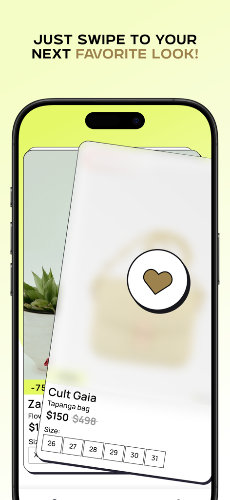 Interface d'une application mobile montrant une fonctionnalité de swipe pour découvrir les offres de mode quotidiennes.