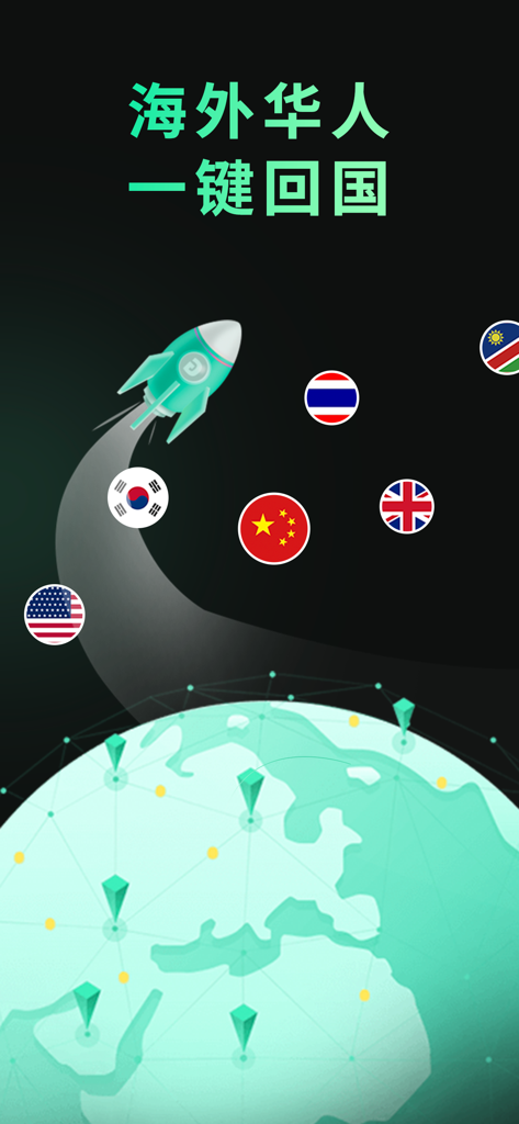 Um foguete decolando de um globo com várias bandeiras internacionais representando uma conexão VPN rápida para chineses no exterior