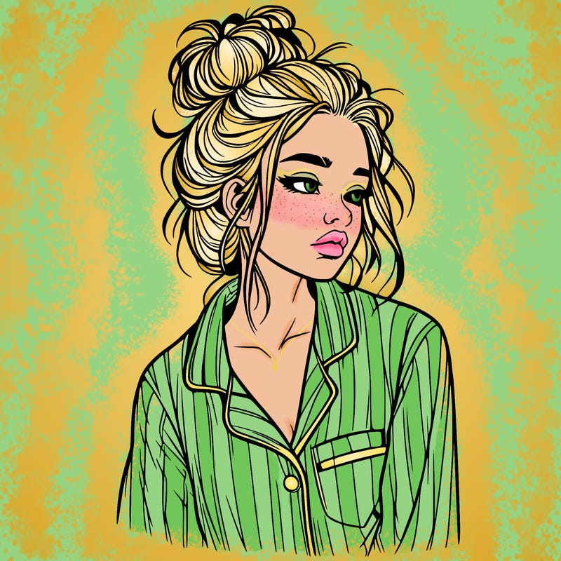 realistic woman with pajamas on and a messy bun