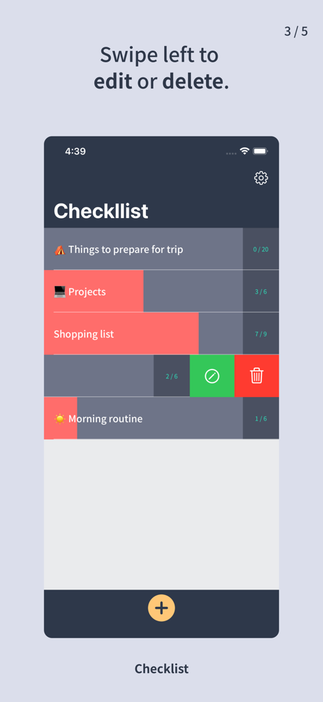 Interface of Check List simple app showing the swipe left gesture to edit or delete items.