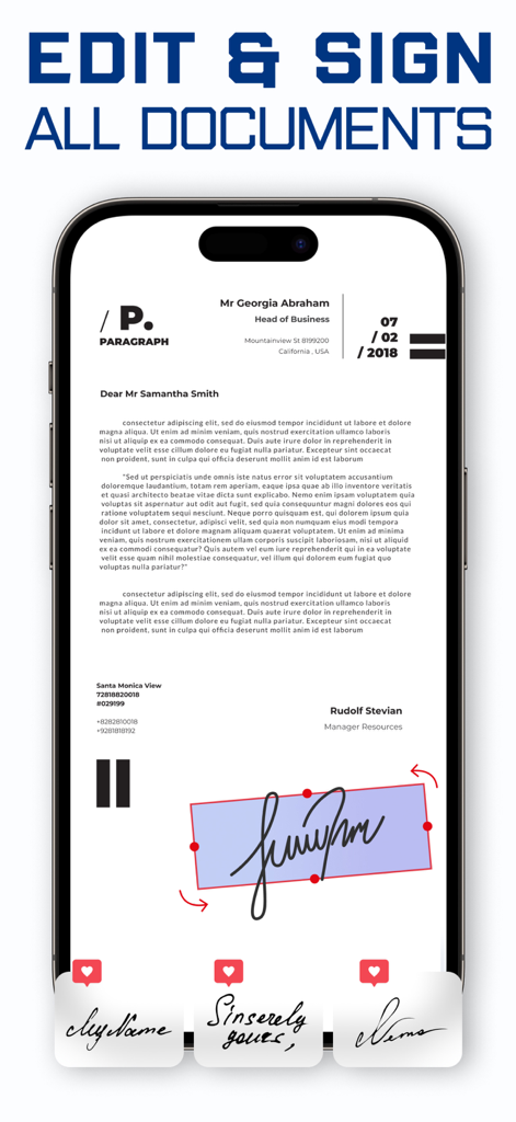 Interface for editing and digitally signing professional documents on a smartphone