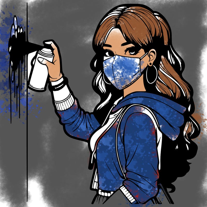 realistic girl with mask spray painting a wall