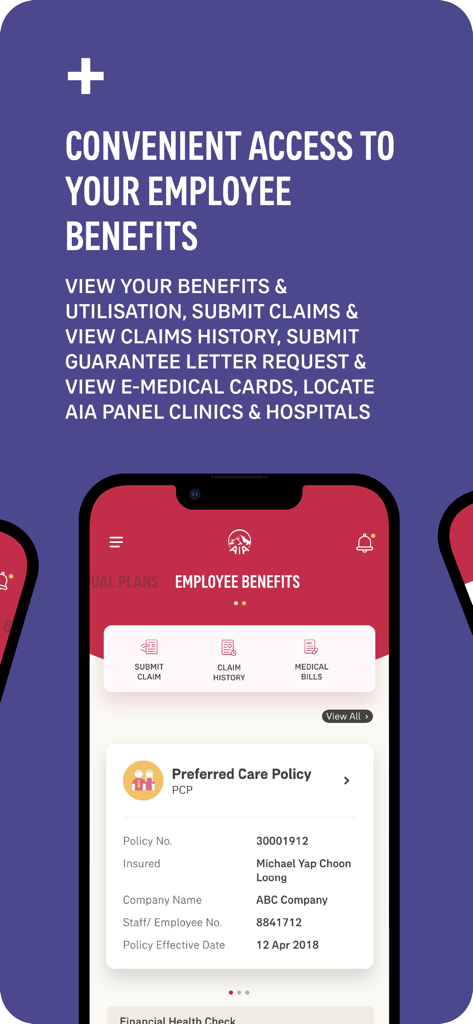 AIA plus Malaysia app employee benefits and insurance policy details screen