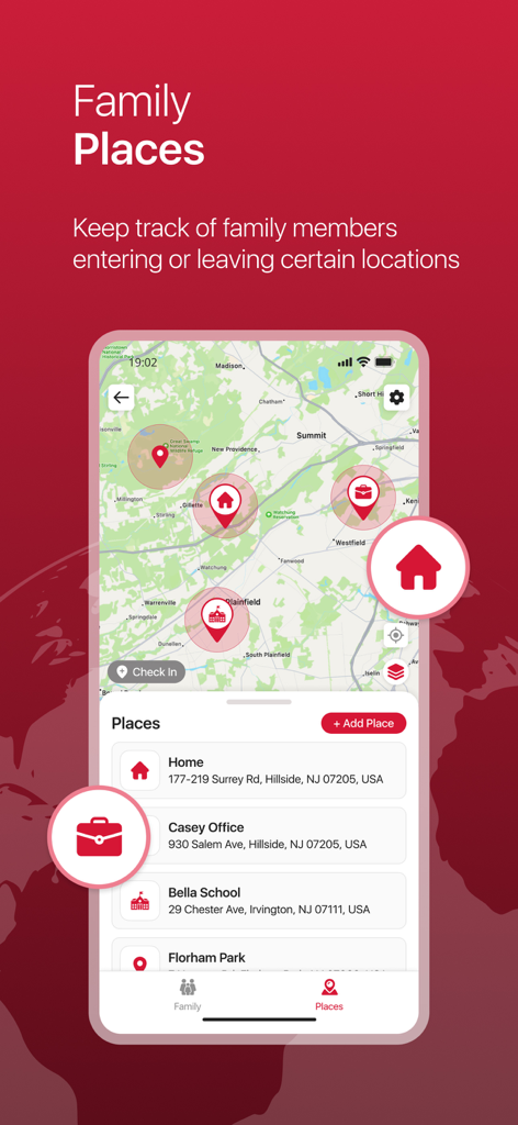 My Global Rescue app Family Places interface with map and location alerts