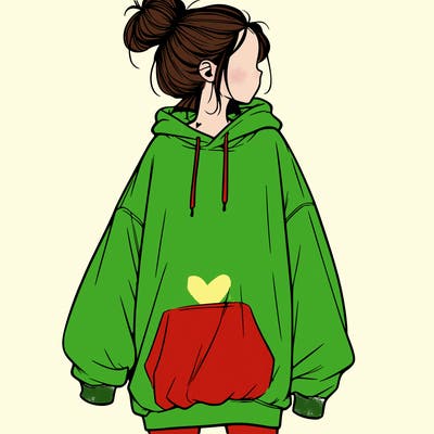 realistic girl with a oversized sweatshirt on and a bun