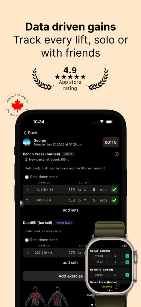 Titan Workout Tracker - Titan Workout Tracker app on iPhone and Apple Watch displaying weightlifting logs and PRs