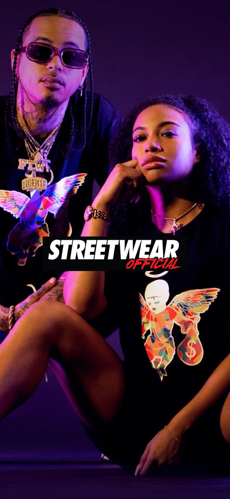 Streetwear Official - Two models wearing graphic streetwear tees and accessories under purple neon lighting with the Streetwear Official logo.