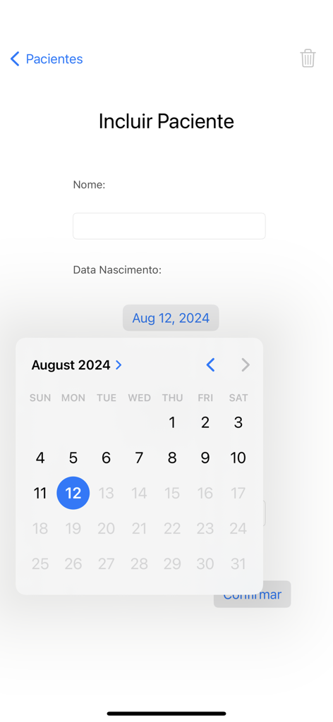Medical app screen for patient registration with a name field and a calendar date picker.