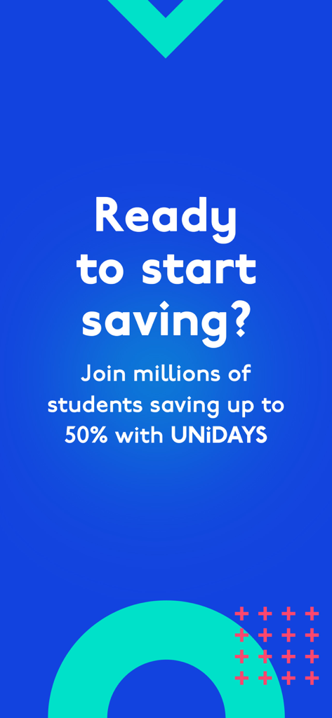 UNiDAYS: Student Discount App - Promotional screen for the UNiDAYS app inviting students to start saving up to 50 percent