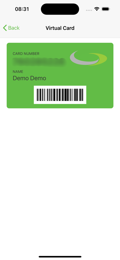 Digital Infinity Rewards loyalty card screen showing a barcode and member name for in store scanning