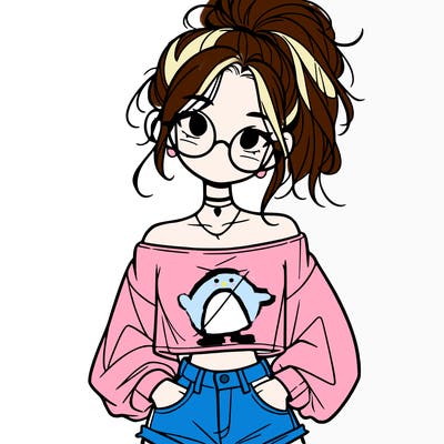 girl with a messy ponytail glasses a baggy crop top and jean shorts