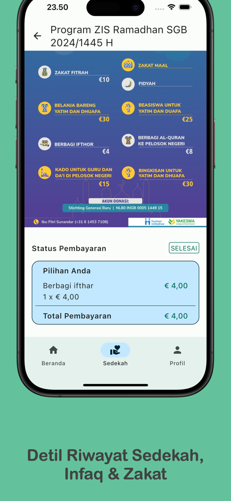 SGB App - SGB App screen showing payment history for Zakat and Sedekah donations