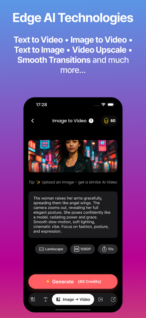 Livensa - AI Picture to Video - Livensa app interface showing the image to video feature with a photo and text prompt for AI generation