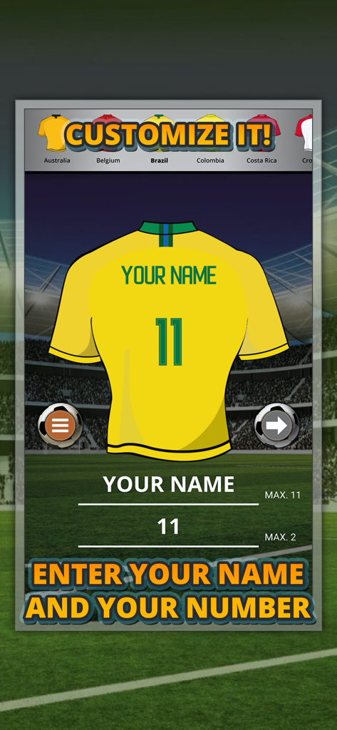 Interface of the Football Jersey Maker app showing a customizable yellow Brazil soccer jersey with fields for name and number