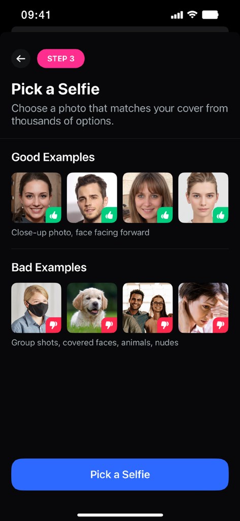 FaceAi: Face Swap Any Video - Pantalla de la aplicación FaceAi que muestra ejemplos de selfies buenos y malos para el intercambio de rostros.