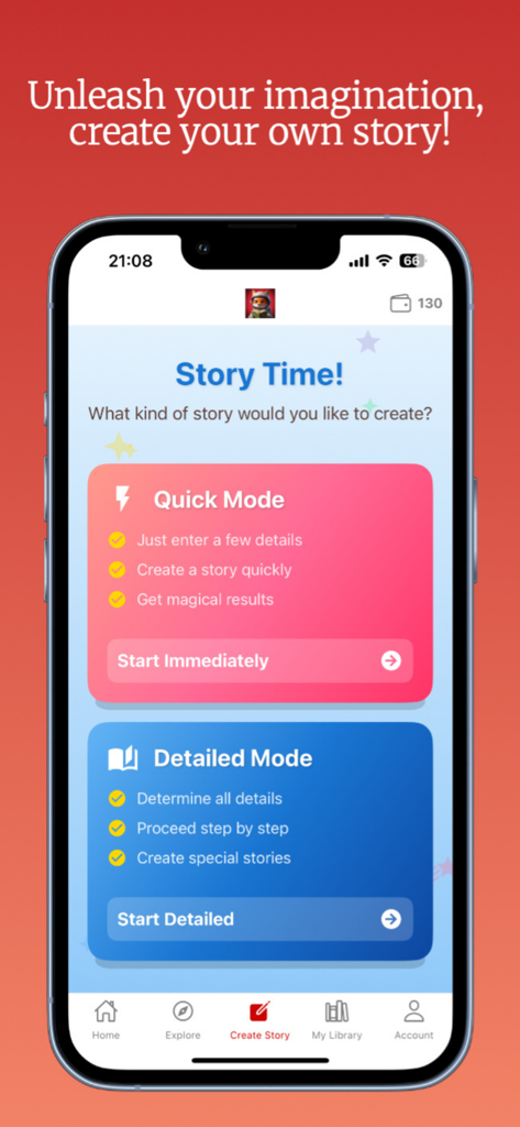 The story creation screen of Storyland AI app featuring Quick Mode and Detailed Mode options.
