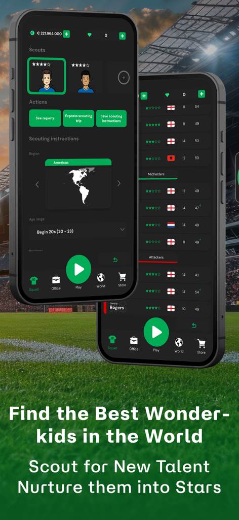 Club Chairman - Football Game - Interfaz de búsqueda de talentos para encontrar jóvenes promesas y nuevo talento en Club Chairman