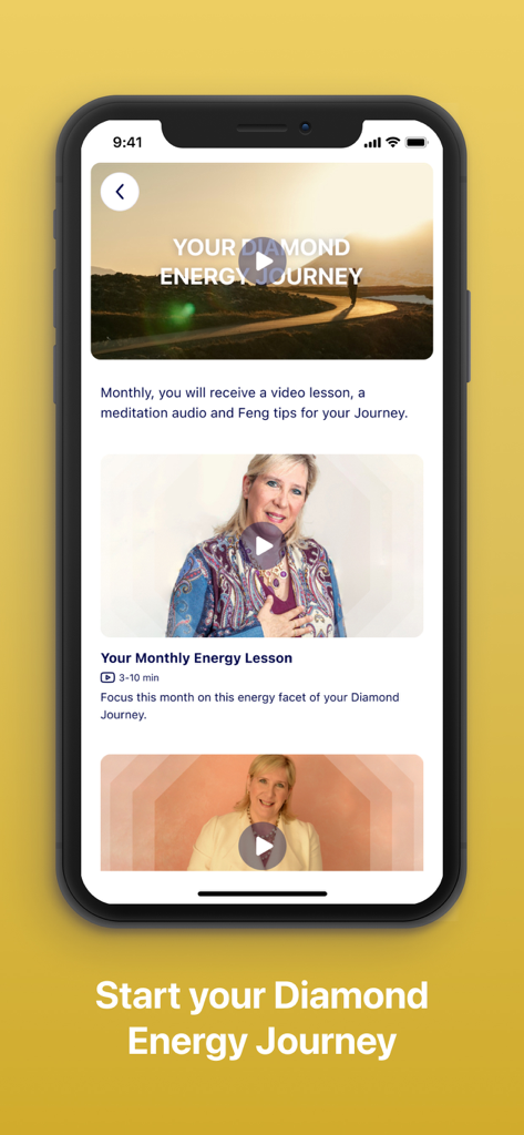 Marie Diamond App-Bildschirm, der die Diamond Energy Journey mit Videolektionen und monatlichen Energietipps zeigt.