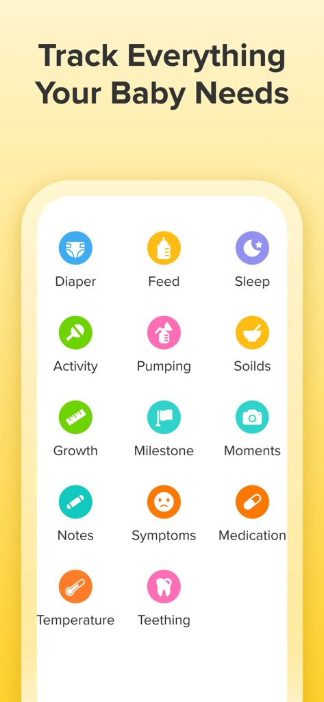 Glow Baby app interface displaying colorful icons for tracking diaper changes, feedings, sleep, and developmental milestones