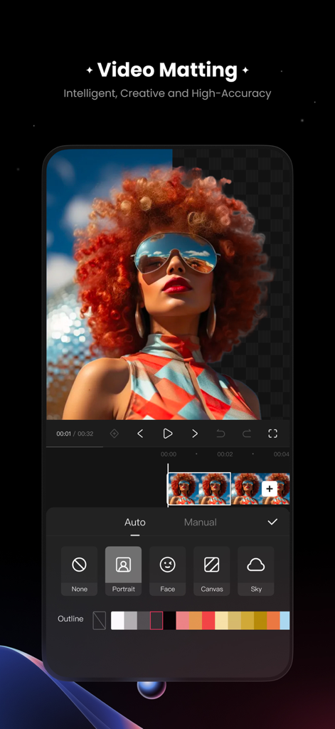 KwaiCutビデオエディターにAI背景除去およびビデオマッティングツールのインターフェースが表示されている様子