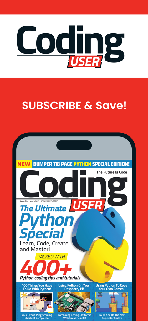 Coding User digital magazine cover featuring the ultimate python special with tutorials for raspberry pi and game development