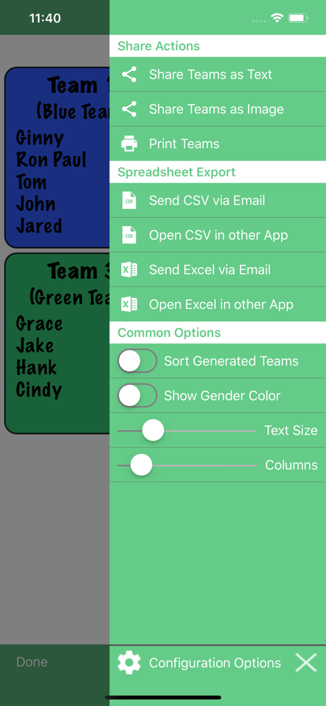 Team Shake - Team Shake side menu showing share actions and spreadsheet export options for CSV and Excel files.