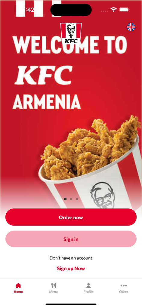 Pantalla de bienvenida de la app KFC Armenia mostrando un cubo de pollo frito y botones para pedir o iniciar sesión