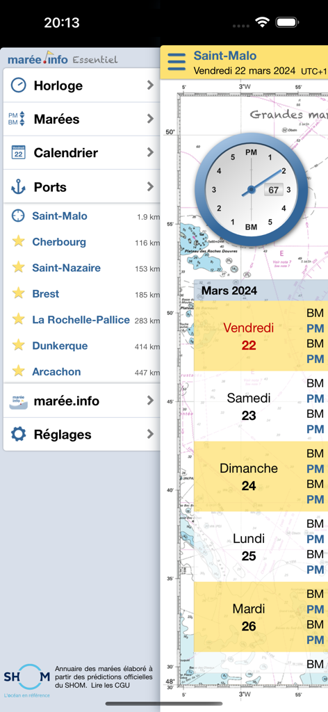 Captura de pantalla de la interfaz de la aplicación maree info Essentiel que muestra un reloj de mareas y un calendario para el puerto de Saint Malo