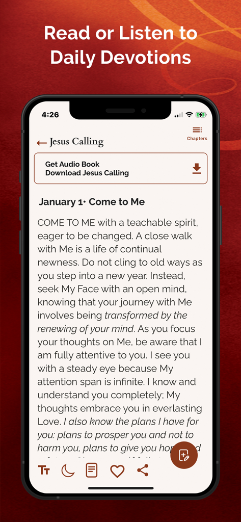 Smartphone screen displaying a daily devotional from the Jesus Calling app.