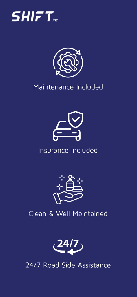 인포그래픽: SHIFT 앱의 유지보수, 보험, 청결 및 24/7 긴급출동 지원 혜택 표시