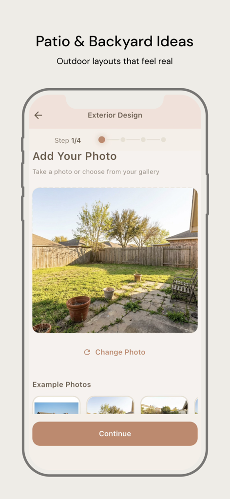 Archify: AI Home Design - Écran de l'application Archify pour télécharger une photo de jardin pour une conception extérieure par IA