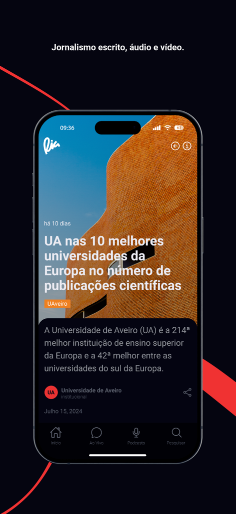 Ria - Ria app interface showing a news article about the University of Aveiro's academic rankings