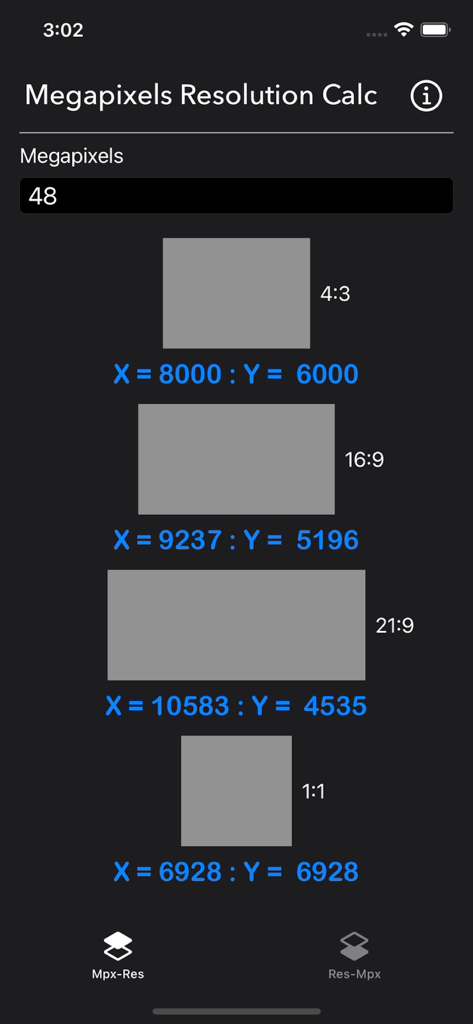 Megapixels Resolution Calc - Megapixels Resolution Calc app interface showing dimensions for 48 megapixels across different aspect ratios