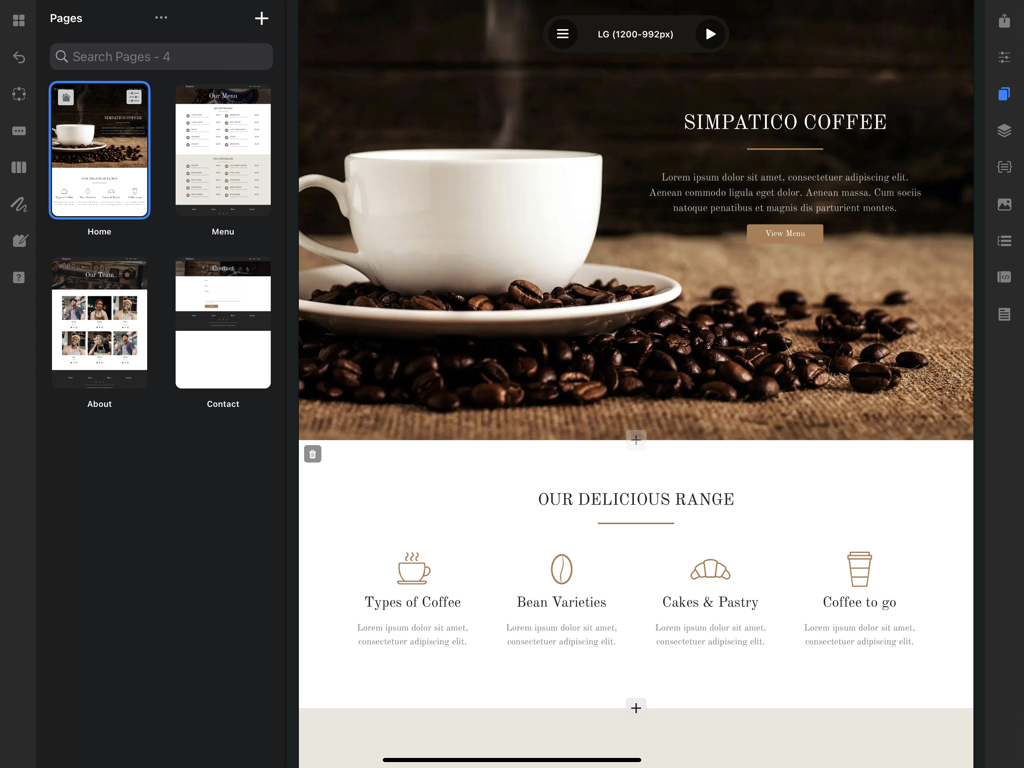 Interfaz del creador de sitios web Blocs en iPad mostrando el diseño de un sitio web de cafetería adaptable.