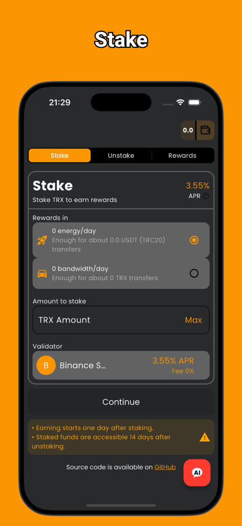 Interface of the Stake Tron app showing TRX staking and reward options.
