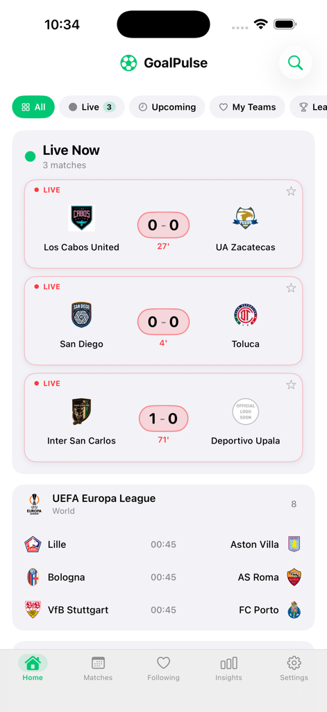 GoalPulse: Live Football - Pantalla de inicio de la aplicación GoalPulse mostrando marcadores de fútbol en vivo y próximos partidos de la UEFA Europa League.