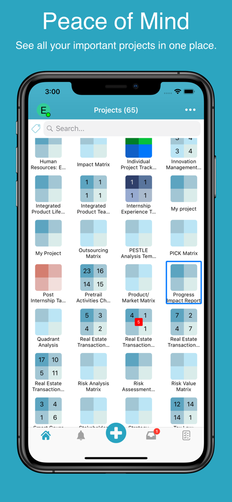 プライオリティ・マトリックスアプリのダッシュボード（iPhone）に、タスク優先順位付けのためのプロジェクトマトリックスのグリッドが表示されています。
