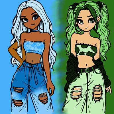 2 girls in crop tops and baggy jeans ripped