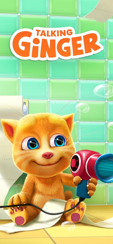 Chaton roux parlant tenant un sèche-cheveux dans une salle de bain carrelée