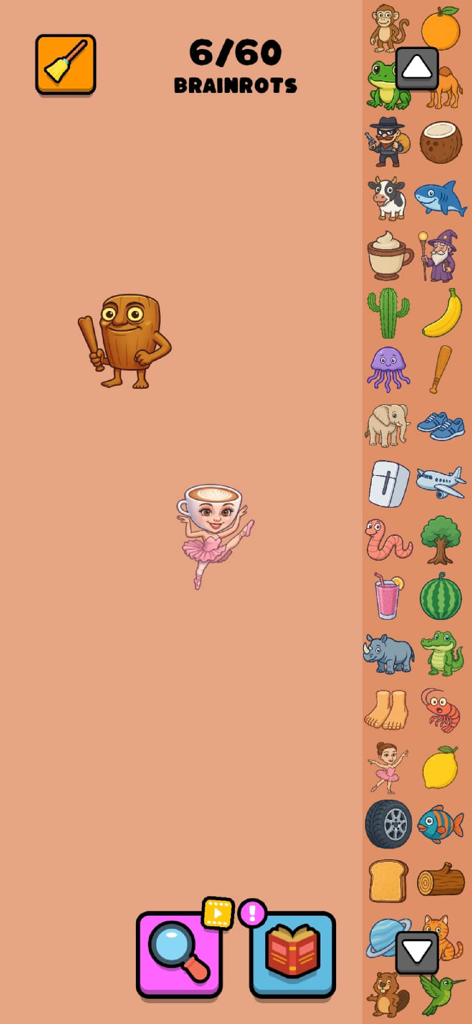 Brainrot Craft: Infinite Merge - Gameplay screen of Brainrot Craft Infinite Merge showing combined meme characters and an item sidebar