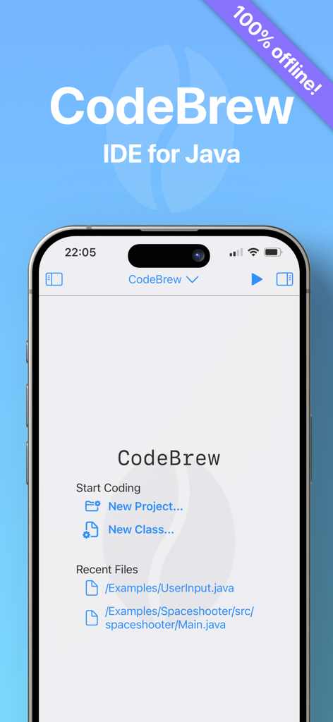 CodeBrew - IDE for Java - Home screen of the CodeBrew Java IDE app on iPhone showing options to start a new project or class and a list of recent files.