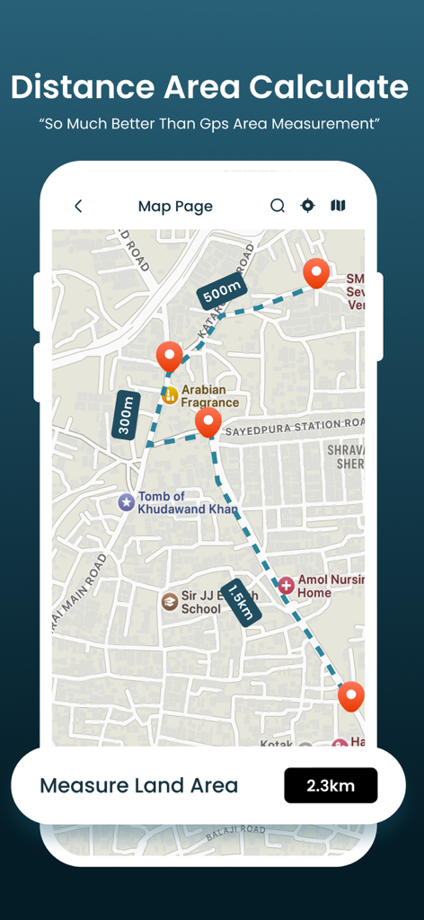 GPS Area Calculator for Land - GPS land measurement app displaying distance calculation with markers on a city map interface.
